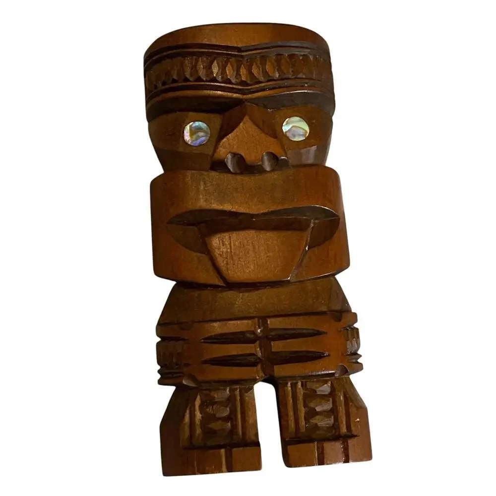 Vintage Maori Teko Wood Carved Tiki Figure New Zealand Abalone Eyes 5